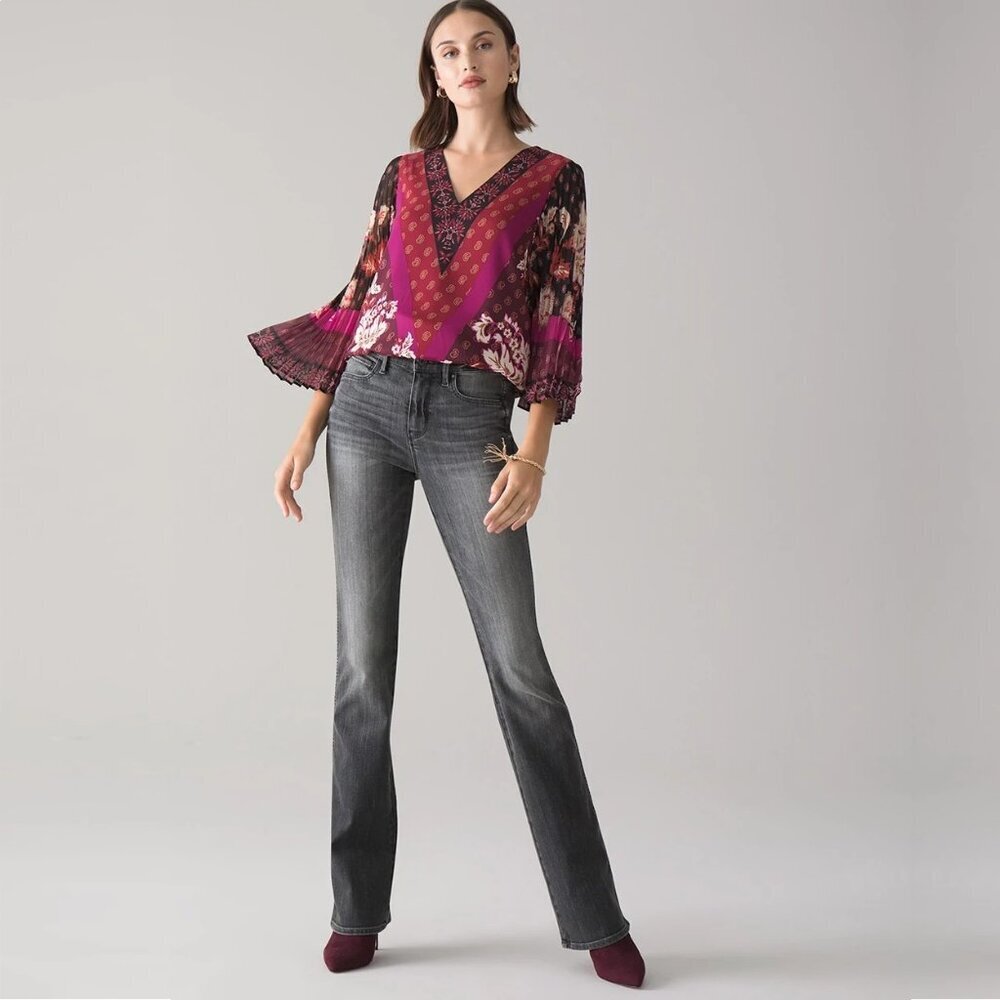 2/$30 White House Black Market Petite Pleated Sleeve V-Neck Blouse #8720